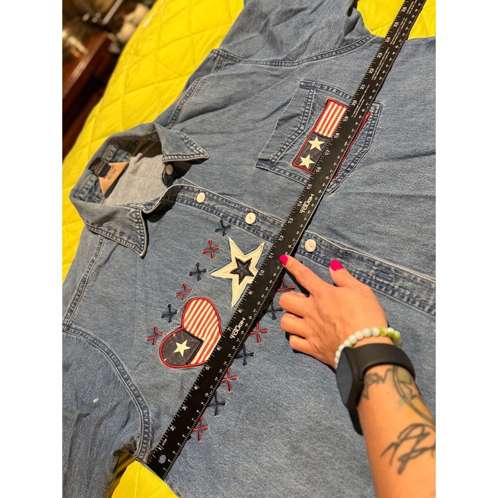 Natural Impressions Denim Shirt Women XL Blue Good Patriotic Stars Americana - Picture 8 of 10